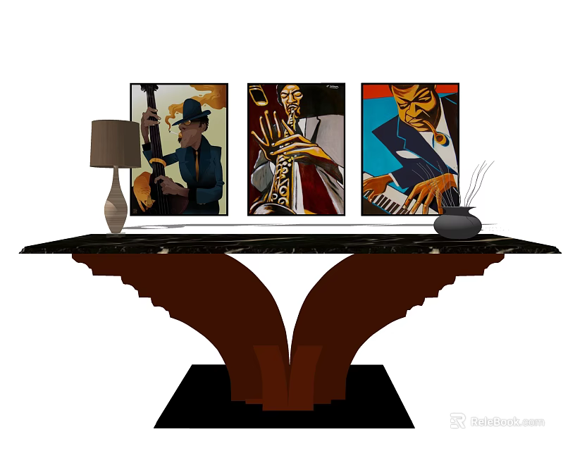 Console Table Decor With Three Art Paintings Table Lamp And Decorative Vase 3d model 