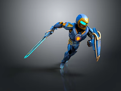 Blue And Yellow Toy Robot Action Figure With Glowing Sword And Armor In Running Pose 3d model