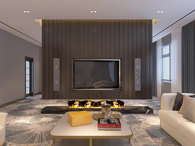 Hotel Guest Room Modern Interior With Living Area TV Fireplace Sofa And Coffee Table 3d model