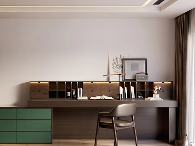 Stylish Study Desk Setup With Green Cabinet Table Lamp Books Decorations And Framed Artwork 3d model