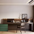 Stylish Study Desk Setup With Green Cabinet Table Lamp Books Decorations And Framed Artwork