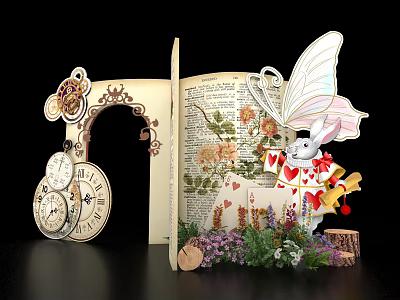Vintage 3D Pop Up Book Photo Spot With Butterfly Rabbit Clock And Flowers 3d model