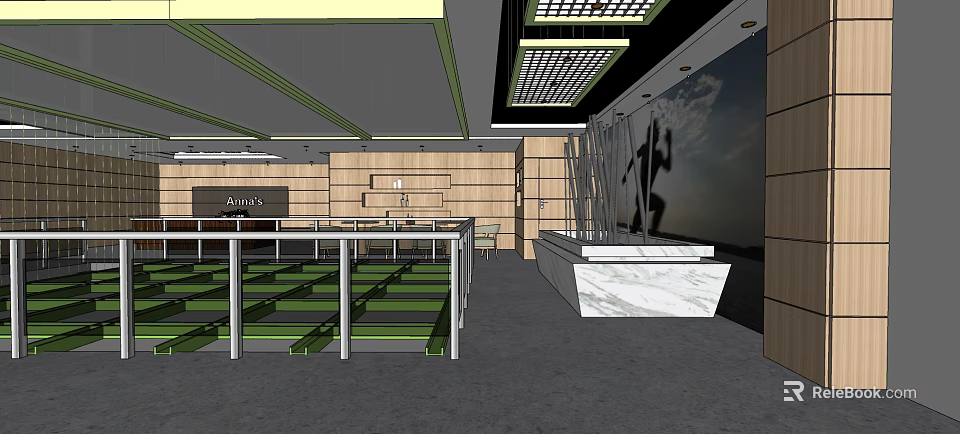 Modern Clubhouse Interior Design With Wooden Panel Walls Green Seating And Marble Reception Desk 3d model 