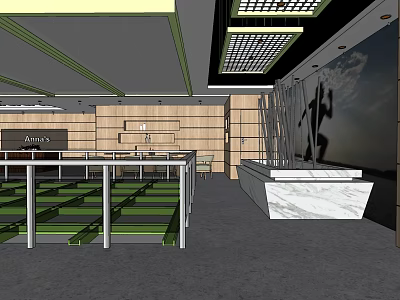 Modern Clubhouse Interior Design With Wooden Panel Walls Green Seating And Marble Reception Desk 3d model