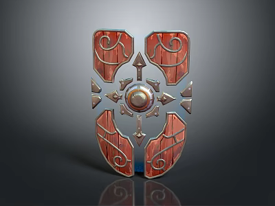 Ornate Wooden And Metal Shield With Symmetric Carvings And Central Decorative Design 3d model