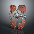Ornate Wooden And Metal Shield With Symmetric Carvings And Central Decorative Design