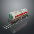Model Railway Tank Car With Green Label Red Stripe And Metal Chain On Track