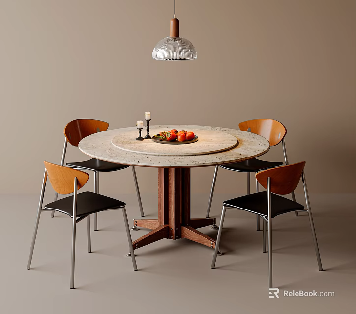 Marble Top Table and Chair Set with Wooden Backrest Black Seats and Hanging Pendant Light 3d model 