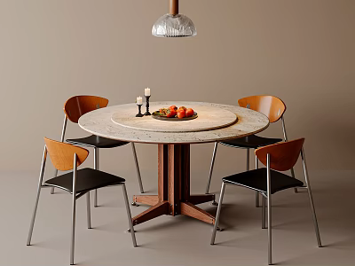 Marble Top Table and Chair Set with Wooden Backrest Black Seats and Hanging Pendant Light 3d model