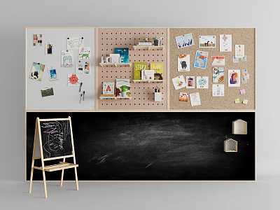 Creative Display Wall with Corkboard Pegboard Blackboard and Easel Showing Photos Notes Supplies 3d model