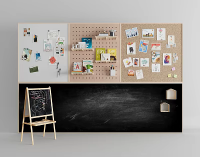 Creative Display Wall with Corkboard Pegboard Blackboard and Easel Showing Photos Notes Supplies 3d model