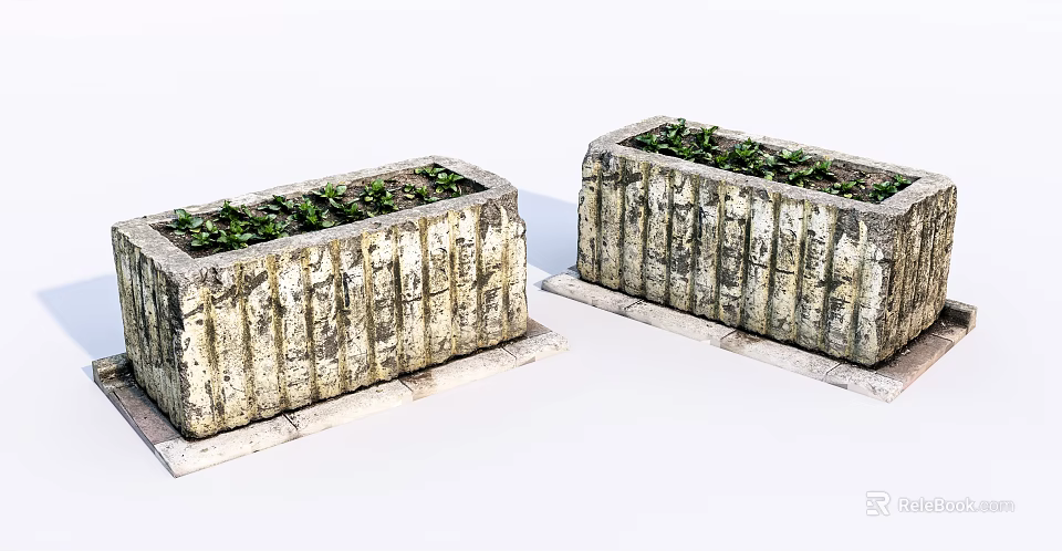 Decorative Rectangular Textured Stone Planters With Green Plants For Garden Decor 3d model 