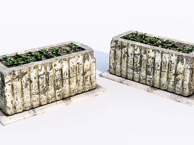 Decorative Rectangular Textured Stone Planters With Green Plants For Garden Decor 3d model