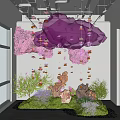 Vibrant Indoor Landscape With Hanging Pink Purple Cloud Decorations Colorful Flowers And Green Plants