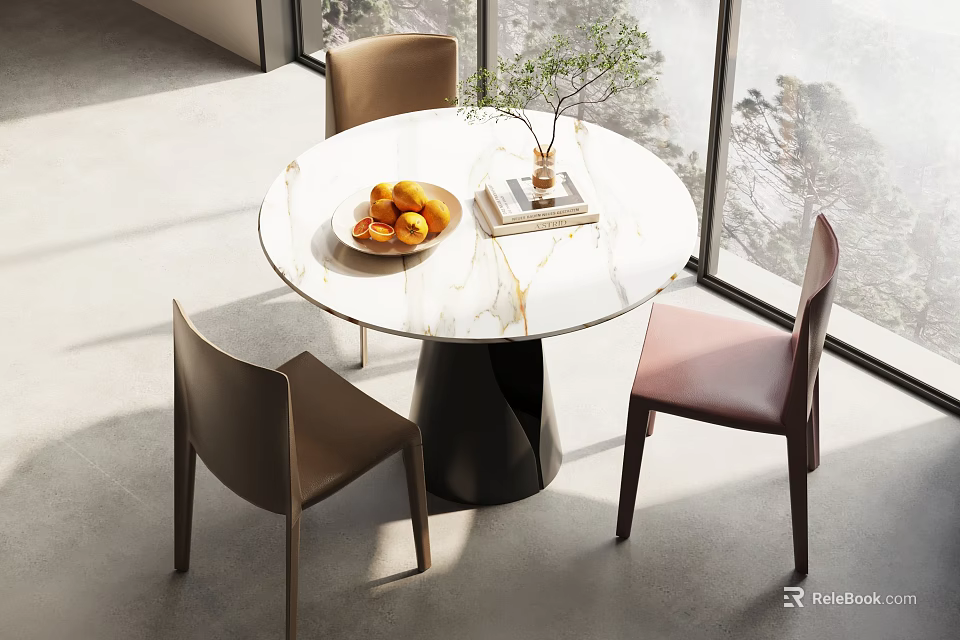 Elegant Modern Round Dining Table With Marble Top And Three Stylish Chairs In Interior Space 3d model