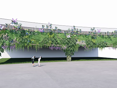 Vines with Purple Flowers Covering Structure Above People Walking Near White Wall and Green Grass 3d model