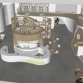 Modern Café Interior With Open Space Spiral Staircase Bookshelves And Art Decor