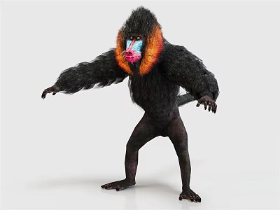 Mandrill With Black Fur And Colorful Red Blue Facial Features Standing With Outstretched Arms 3d model