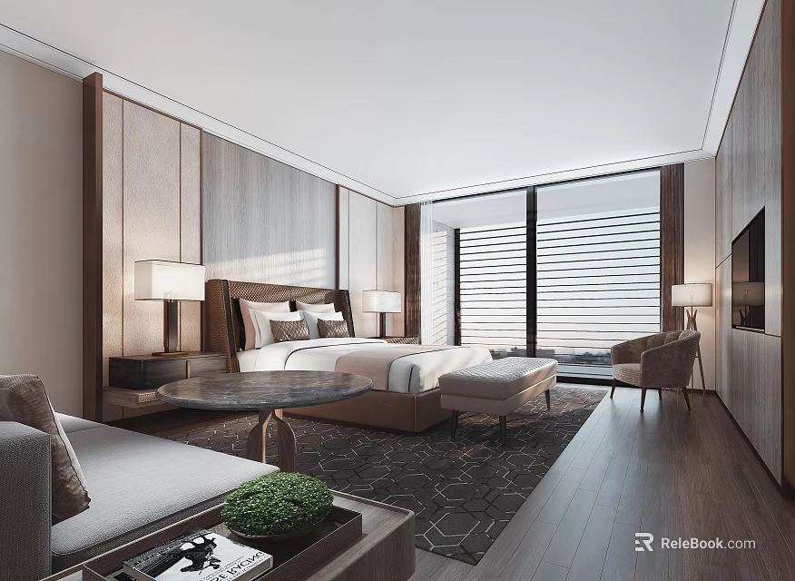 Cozy Modern Hotel Room With King Bed Wooden Wall Panels And Floor to Ceiling Windows 3d model 