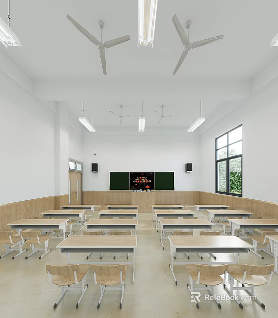 Bright School Classroom Interior With Wooden Tables Chairs Blackboard And Windows 3d model