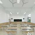 Bright School Classroom Interior With Wooden Tables Chairs Blackboard And Windows 3d model