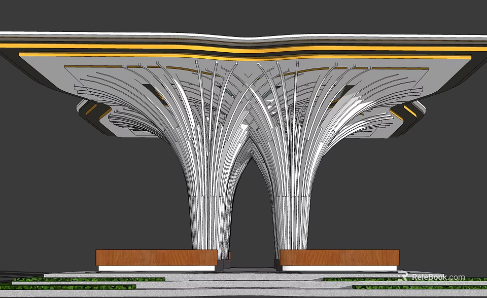 Modern Pergola Design With Curved Metal Structure Wooden Base And Greenery 3d model 