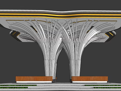 Modern Pergola Design With Curved Metal Structure Wooden Base And Greenery 3d model
