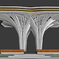 Modern Pergola Design With Curved Metal Structure Wooden Base And Greenery