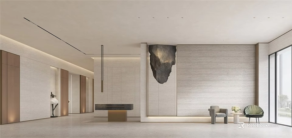 Modern Elegant Reception Area With Black Counter Gold Base Hanging Irregular Stone Decor Grey Armchair 3d model 
