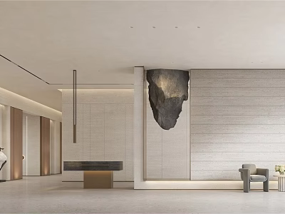 Modern Elegant Reception Area With Black Counter Gold Base Hanging Irregular Stone Decor Grey Armchair 3d model
