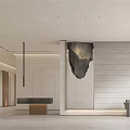 Modern Elegant Reception Area With Black Counter Gold Base Hanging Irregular Stone Decor Grey Armchair