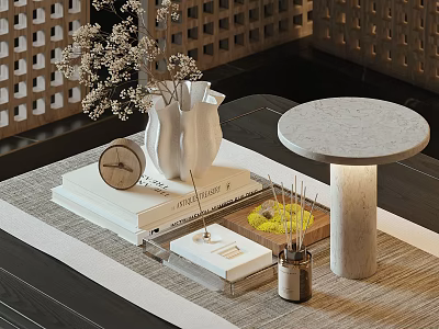 Modern Decorative Ornament Set With White Vase Dried Flowers Clock Aromatherapy And Marble Table Lamp 3d model