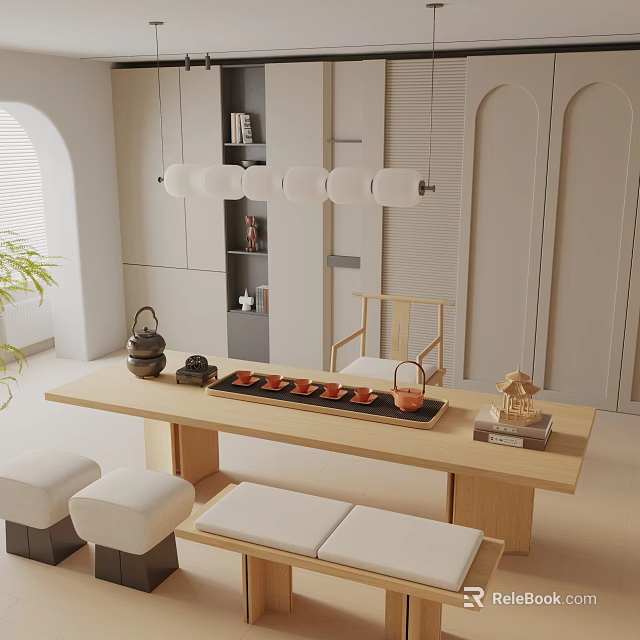 Wooden Dining Table Set With Padded Stools Tea Set And Hanging Lamp 3d model