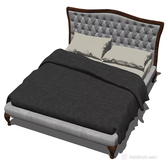 Grey Double Bed With Tufted Headboard Wooden Frame And Light Colored Pillows 3d model