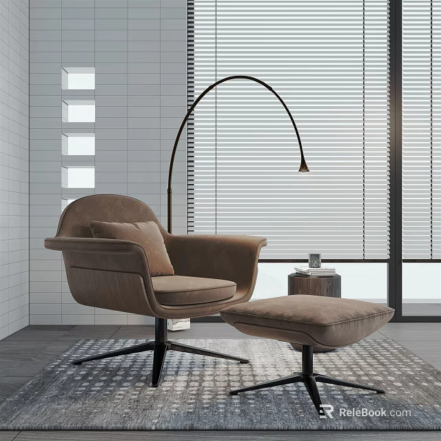 Comfortable Accent Chair with Ottoman and Floor Lamp in Modern Living Room with Blinds 3d model 