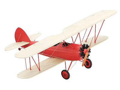 Red And White Biplane Fighter Jet Model With Propeller And Wheels 3d model