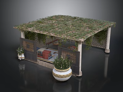 Ornate Outdoor Pavilion With Lattice Roof Covered In Greenery And Decorative Planters 3d model