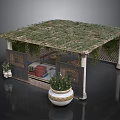 Ornate Outdoor Pavilion With Lattice Roof Covered In Greenery And Decorative Planters