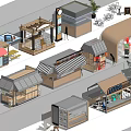 Diverse Small Retail Kiosks With Various Roof Designs And Outdoor Market Setup