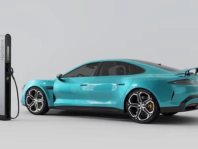 Blue Sleek Electric Sports Car Charging At Modern Charging Station With Aerodynamic Design 3d model
