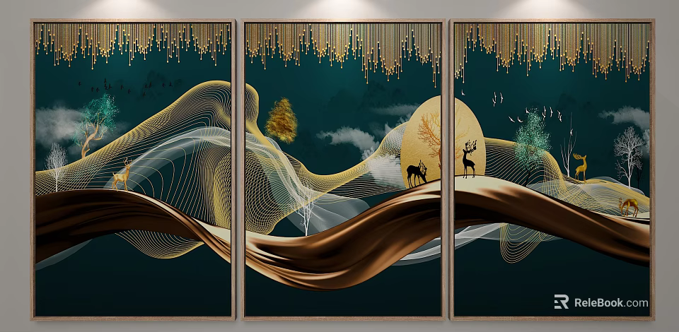 Triptych Decorative Painting With Golden Waves Deer Trees Sun And Dark Green Background 3d model 