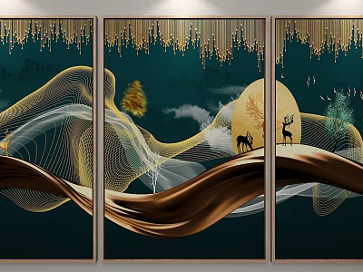 Triptych Decorative Painting With Golden Waves Deer Trees Sun And Dark Green Background 3d model