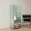 Modern Glass Fireplace With Burning Flame And Stacked Wood Near Black Chair