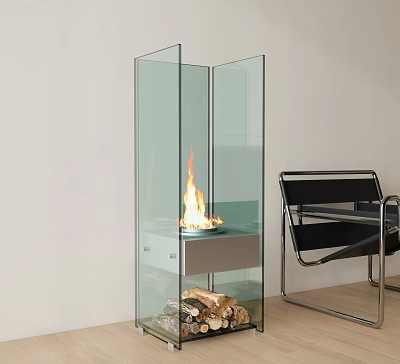 Modern Glass Fireplace With Burning Flame And Stacked Wood Near Black Chair 3d model