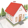 Cartoon Scenic House With Red Roof White Picket Fence Green Trees And Blue Car