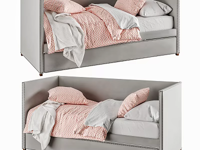 Single Bed with Gray Frame Pink and White Striped Bedding Soft Pillows Modern Design 3d model