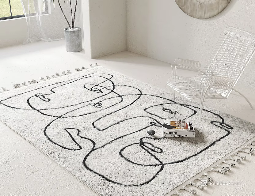Stylish Square Area Rug With Abstract Line Pattern And Tassels Near White Chair And Books 3d model 