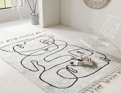 Stylish Square Area Rug With Abstract Line Pattern And Tassels Near White Chair And Books 3d model