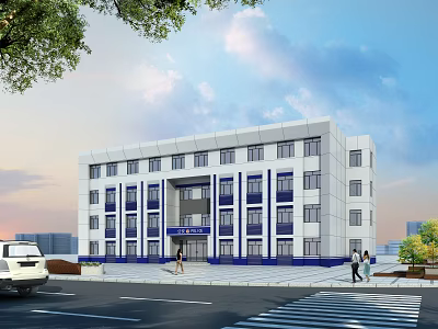 Modern White Multi Story Building with Blue Accents in Urban Plaza with People Walking 3d model