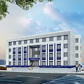 Modern White Multi Story Building with Blue Accents in Urban Plaza with People Walking